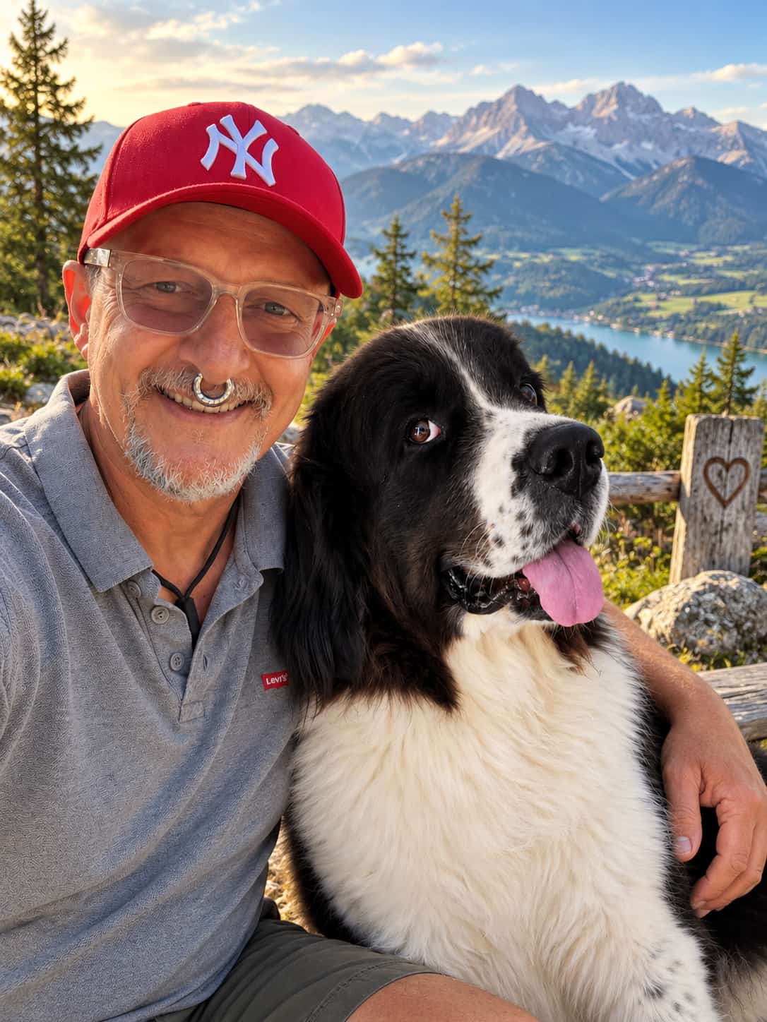 Peter Stephan mit seinem Landseer in den Bergen