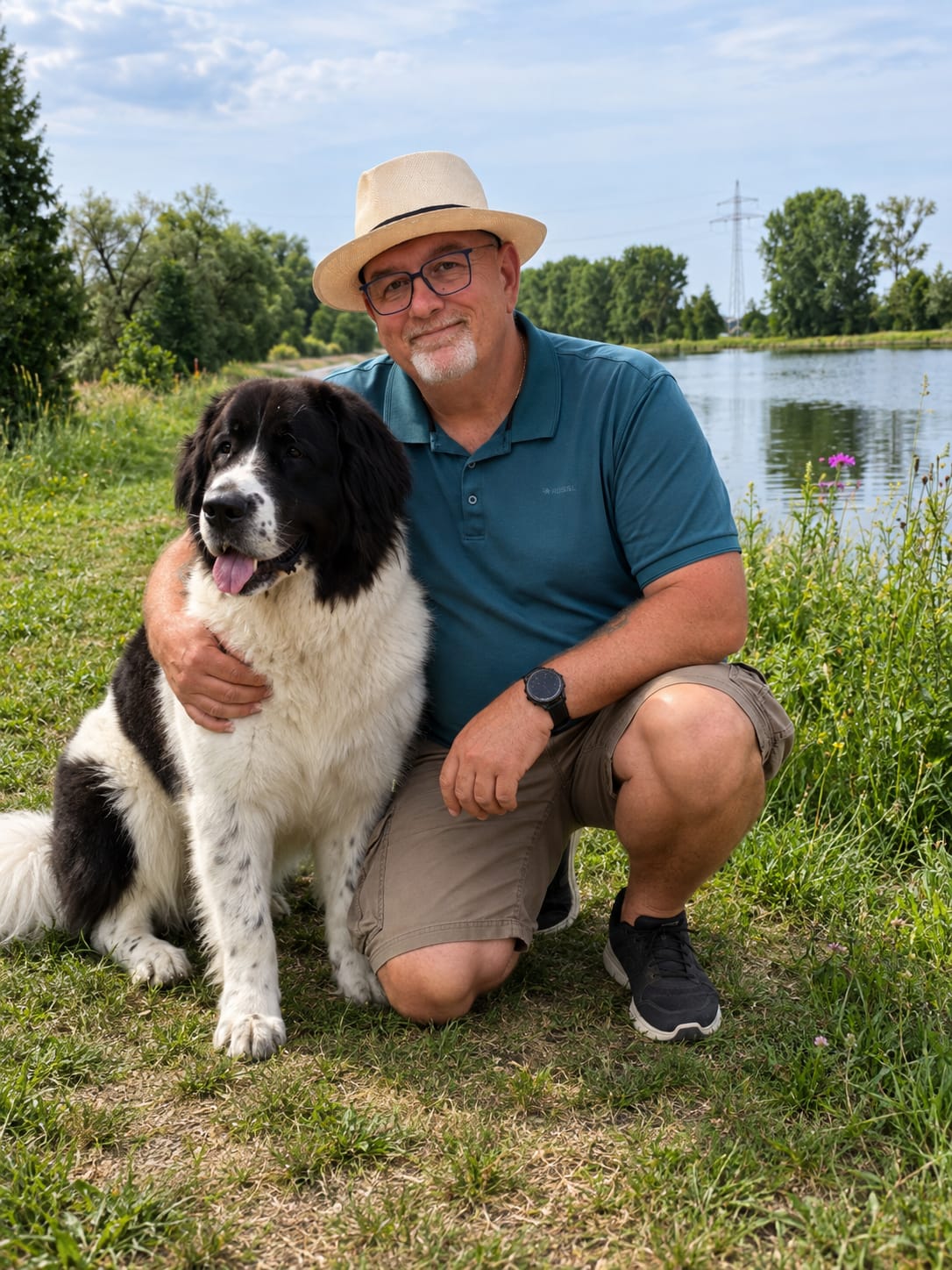 Thomas Stephan mit seinem Landseer am Wasser